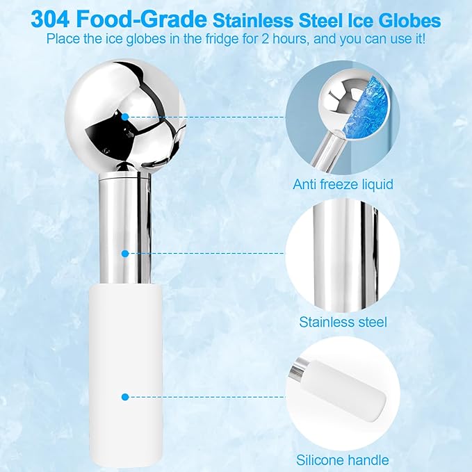 CGBE 360 Rotating Ice Globes for Face, Food-Grade Stainless Steel Facial Globes for Cryo Therapy, Smaller Ice Globes for Facials Reduce Wrinkles & Swelling - White