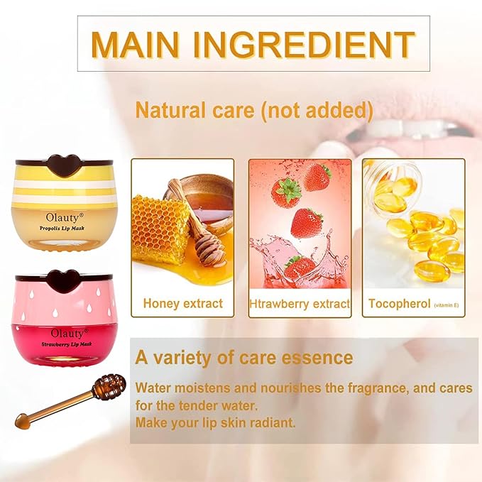 Bee Lip Balm Honey Pot, 2 PCS Strawberry & Honey Masks, Hydrating Prevention for Dry and Cracked Lips, Scrubs Exfoliator, Sleep Mask Reduces Lines, Exfoliating BeeLip Balm Sleeping Mask