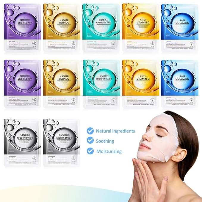 12 Pack Face Sheet Mask Skincare,Hydrating Face Mask For Sensitive Skin,Moisturize,Soothing,Nourish for All Skin Types,Natural Spa Party Facial Mask Skincare Set for Women Men Girls