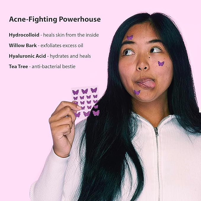 Frilliance Hydrocolloid Acne Pimple Patches for Zits and Blemishes 3 Pack Bundle, Pink Heart, Purple Butterfly & Clear Circle Spot Treatment Stickers for Face & Skin, Vegan and Cruelty Free