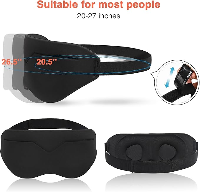 Sleep Eye Mask for Men Women 3D Contoured Cup, Concave Molded, Block Out Light, Molded Soft Comfort Eye Shade with Adjustable Strap (KT-Black, 1 Count (Pack of 1))