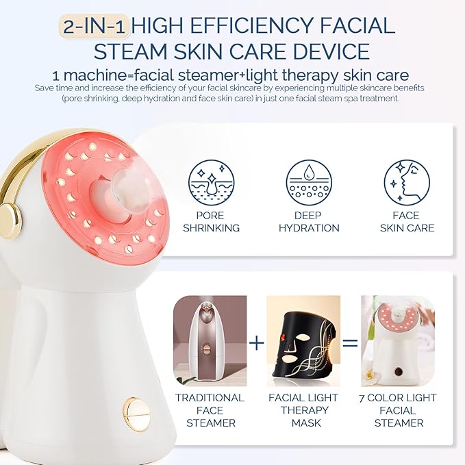 Facial Steamer,with 7 Colors Led Light,Face Steamer for Facial Deep Cleaning,Warm Mist Nano Ionic Steamer for face,Steam Humidifier,Facial Steamers Home Facial spa, Gift for Women（Gold with Light）