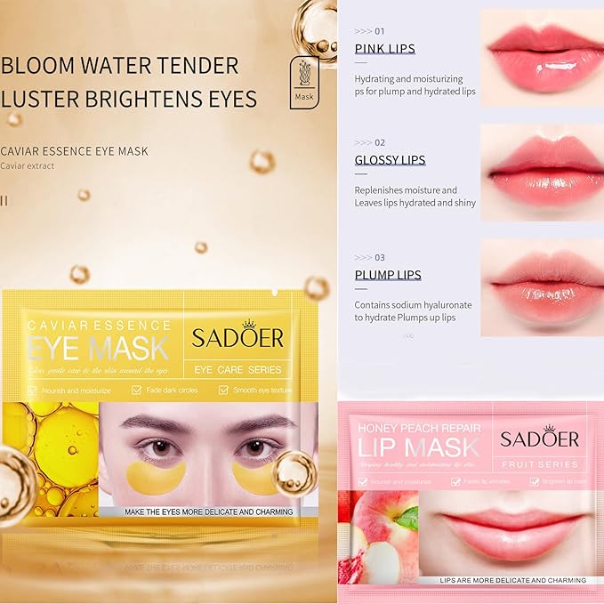MEICOLY 30 Pads Eye and Lip Masks Sheet,Moisturizing Caviar Under Eye Mask,Hydrating Peach Lip Masks,Crystal Anti-Aging Eye Patches Dark Circle Remover with Box,15 Eye Mask+15 Lip Mask