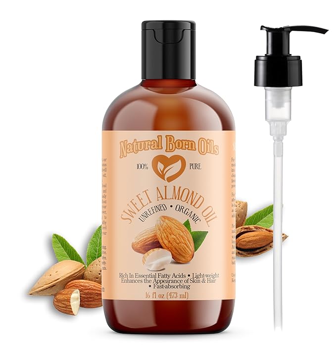 Natural Born Oils Sweet Almond Oil, 16oz, Organic, Cold-Pressed, Nutrient-Rich, Excellent for Soft Skin, Lustrous Hair