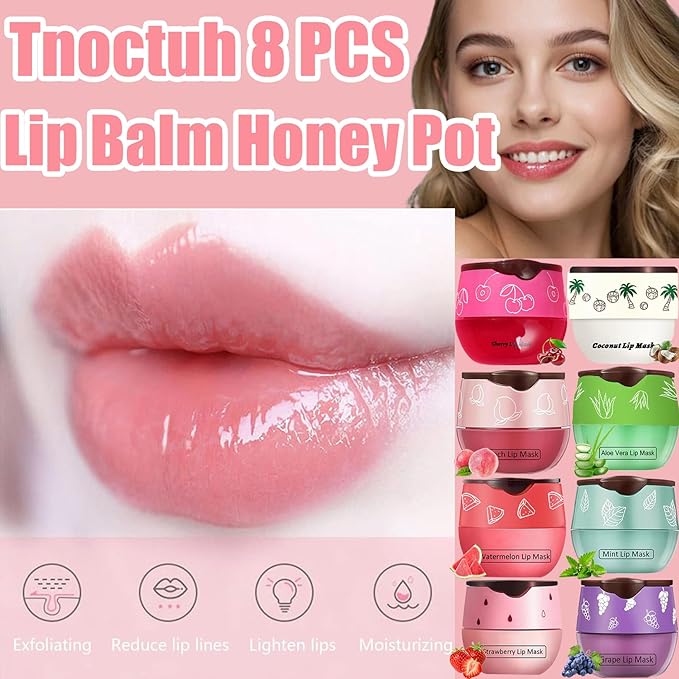 8 PCS Bee Lip Balm Honey Pot, Coconut Cherry Mint Strawberry Watermelon Grape Peach Aloe Vera Bee Lip Balm Honey Pot Sleeping Lip Mask Overnight with Stick Prevention Dry and Crack Lip Scrubs