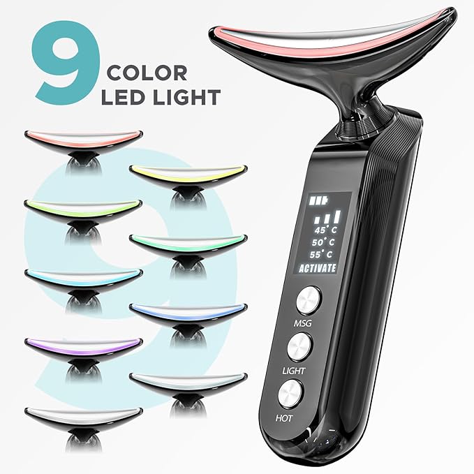 Facial Neck Massager Portable Charging Dock - 3 Heat Settings, Vibrating Face Massage, 9-Color LED Light & 72Hrs Battery | Home Spa Travel Skincare - Black