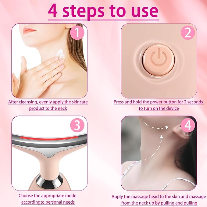 7-in-1 Face and Neck Massage Tool for Skin Care Gift, Multifunctional Electric Red Light Therapy for Face, Wrinkles, Double Chin (Pink)