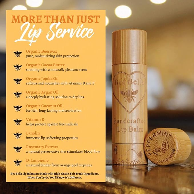 Bee Bella Lip Balm, Peppermint, 3 Pack - Hydrating Lip Care, 100% Natural, Original Organic Beeswax with Vitamin E, Handmade in USA, Easter Basket Gift