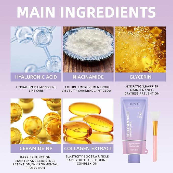 Collagen Night Wrapping Mask, Collagen Peel-Off Face with Jelly Brush - Deeply Hydrates & Firming & Glowy - Enhances Skin Elasticity, For Glowing Skin 2.54 fl.oz (1PC)