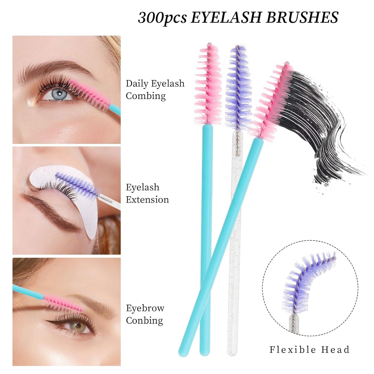 300PCS Disposable Mascara Wands Spoolie Brush Crystal Eyebrow Brushes Eyelash Extension Applicator Makeup Kits(Purple/Blue Pink)