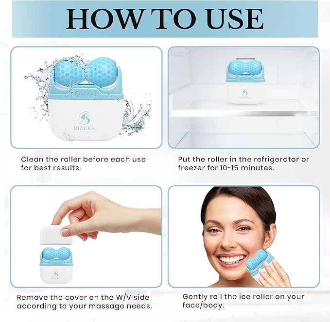 Ice Roller for Face and Eyes Facial Skin Care Tool 2-in-1 Ice Roller for Face & Eyes - Reduces Puffiness, Relieves Migraines, with Travel Case - Ideal Gift for Women (Blue)