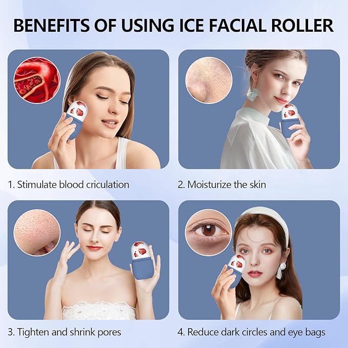 2pcs Ice Roller for Face and Eye, Silicone Ice Facial Roller Ice Holder, Face Ice Mold Skin Care, Face Icers Reusable Ice Cube Roller for Shrink Pores Anti Wrinkle Reduce Puffiness, Pink Blue