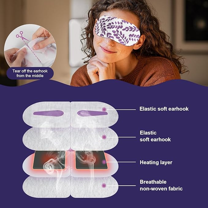 Steam Eye Mask - Self Heating, Moist Hot, Purple, Polyester, Disposable, Lightweight, Eye Mask for Puffy Eyes, Dry Eyes, Plane Travel Essentials, Great Gift for Students Adult