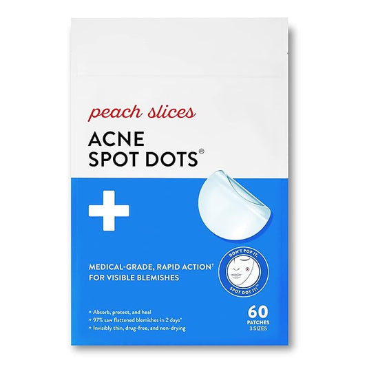 Peach Slices | Acne Spot Dots | Hydrocolloid Acne Patches | For Zits, Blemishes, & Breakouts | Vegan | Cruelty-Free | Pimple Patches | Facial Skin Care Products | 3 Sizes (7mm, 10mm, & 12mm) | 60 Ct