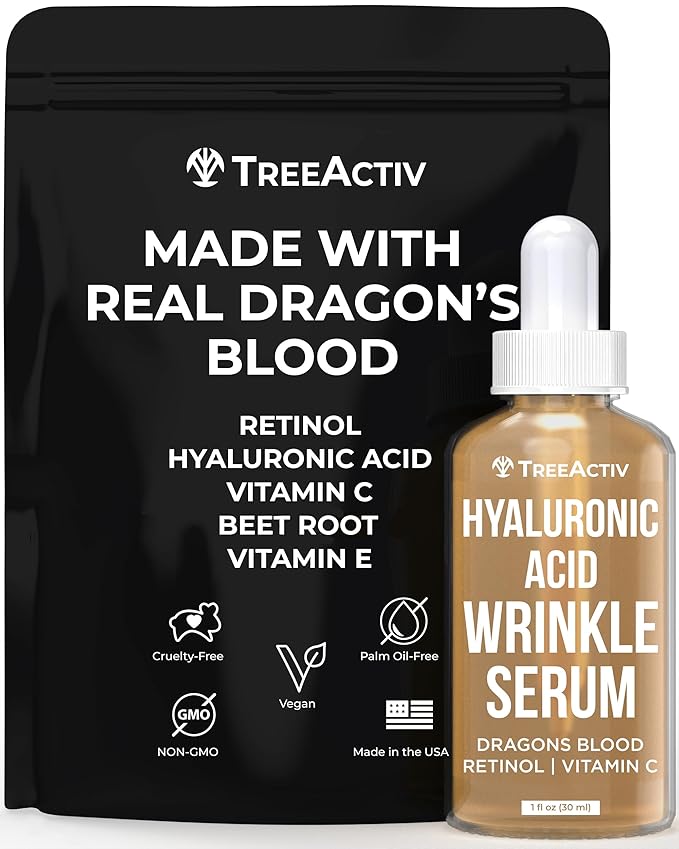 Hyaluronic Acid Wrinkle Serum, Vitamin C Serum for Face with Hyaluronic Acid, Retinol Serum for Face for Skin Elasticity, Fine Lines, and Dark Spots, Wrinkle Serum, 60-Day Supply TreeActiv