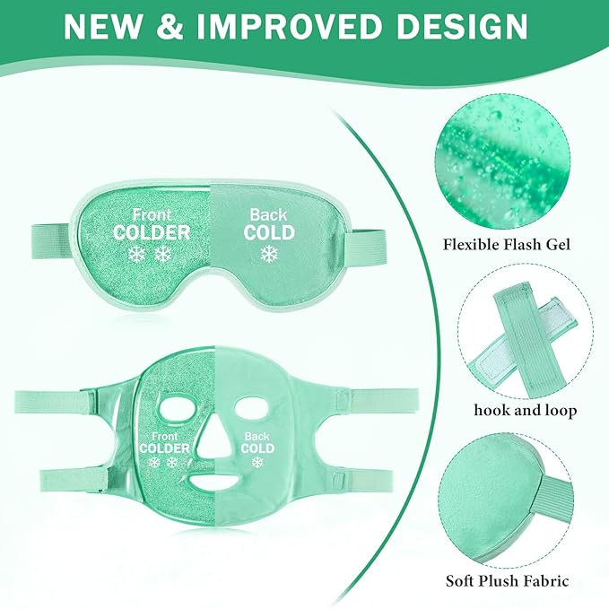 Geyoga Gel Ice Face Eye Mask Cooling Face Eye Masks for Reducing Puffiness, Dark Circles, Redness, Pain Relief, Migraine, Stress, Hot/Cold Pack Compress with Soft Plush Backing(Green)