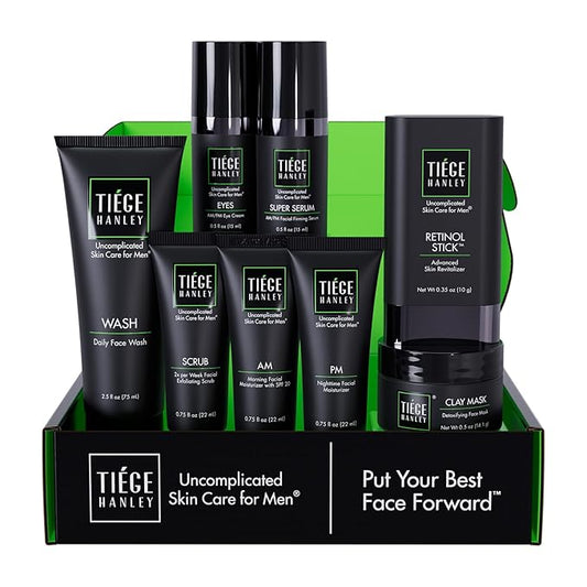 Tiege Hanley Men’s Skin Care Set, Rejuvenation Routine (System Level 5) – Face Wash, Scrub, Moisturizer, Eye Cream, Serum, Clay Mask, Retinol Stick & PM Moisturizer for Anti-aging
