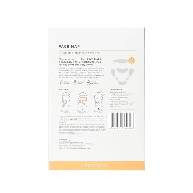 ZitSticka Hydrocolloid Surface Area Pimple Patches for Face - Clarifying Pore & Blemish for Large Zit T-Zone Coverage - Zit Sticker Absorbs Oil, Unclogs Pores, & Targets Clusters (FACE MAP 2PC)