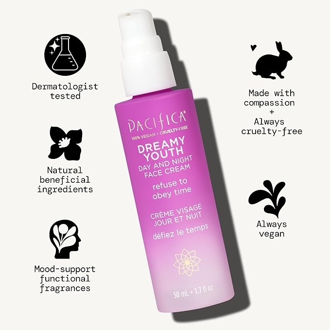 Pacifica Beauty Dreamy Youth Day and Night Face Cream - 1.7 Fl Oz (Pack of 2)- Moisturizer - For Dry and Aging Skin - Peptides, Grapeseed Oil, Floral Stem Cells - Sulfate + Paraben Free - Vegan and Cruelty Free