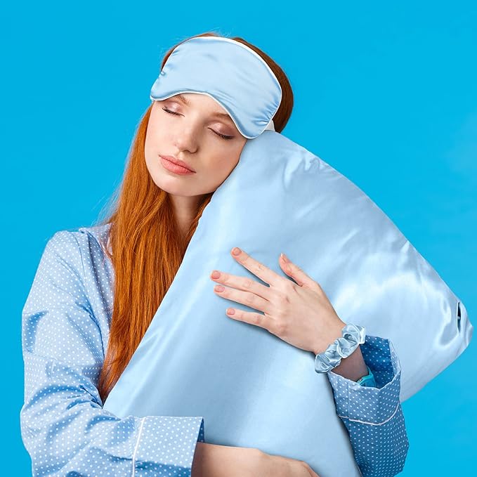 2 Pack Satin Pillowcase with Latent Zipper, Adjustable Satin Eye Mask for Sleeping and Satin Volume Scrunchie for Hair and Skin, Standard Size (Classic Style, Blue)