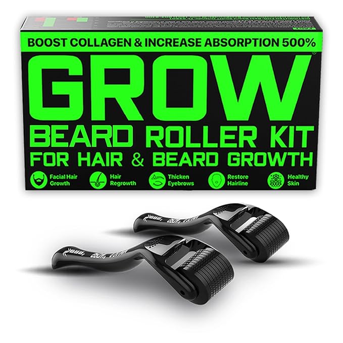 GROW Beard Roller Beard Growth Kit - Best Beard Kit Set of 2 Hair Follicle Stimulator Rollers - The Ultimate Beard Roller for Hair Growth Men of All Skin Types Can Use as a Follicle Booster by BBS USA