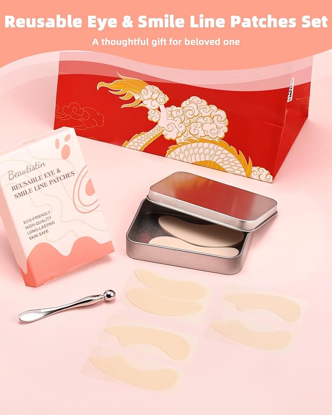 Reusable Eye and Smile Line Patches - 4 Pairs Silicone Under Eye Patches and Nasolabial Folds Patches, Reusable Eye Mask, Silicone Wrinkle Patches, No Adhesive, with Metal Eye Massager, Tin Case