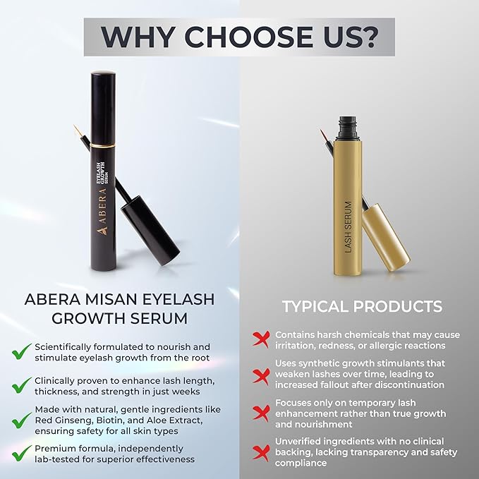 Abera Misan Eyelash Growth Serum – Natural Lash Booster with Red Ginseng, Biotin & Omega 3-6-9 – Fuller, Longer, Thicker Lashes – Safe for Sensitive Eyes (1 Box)