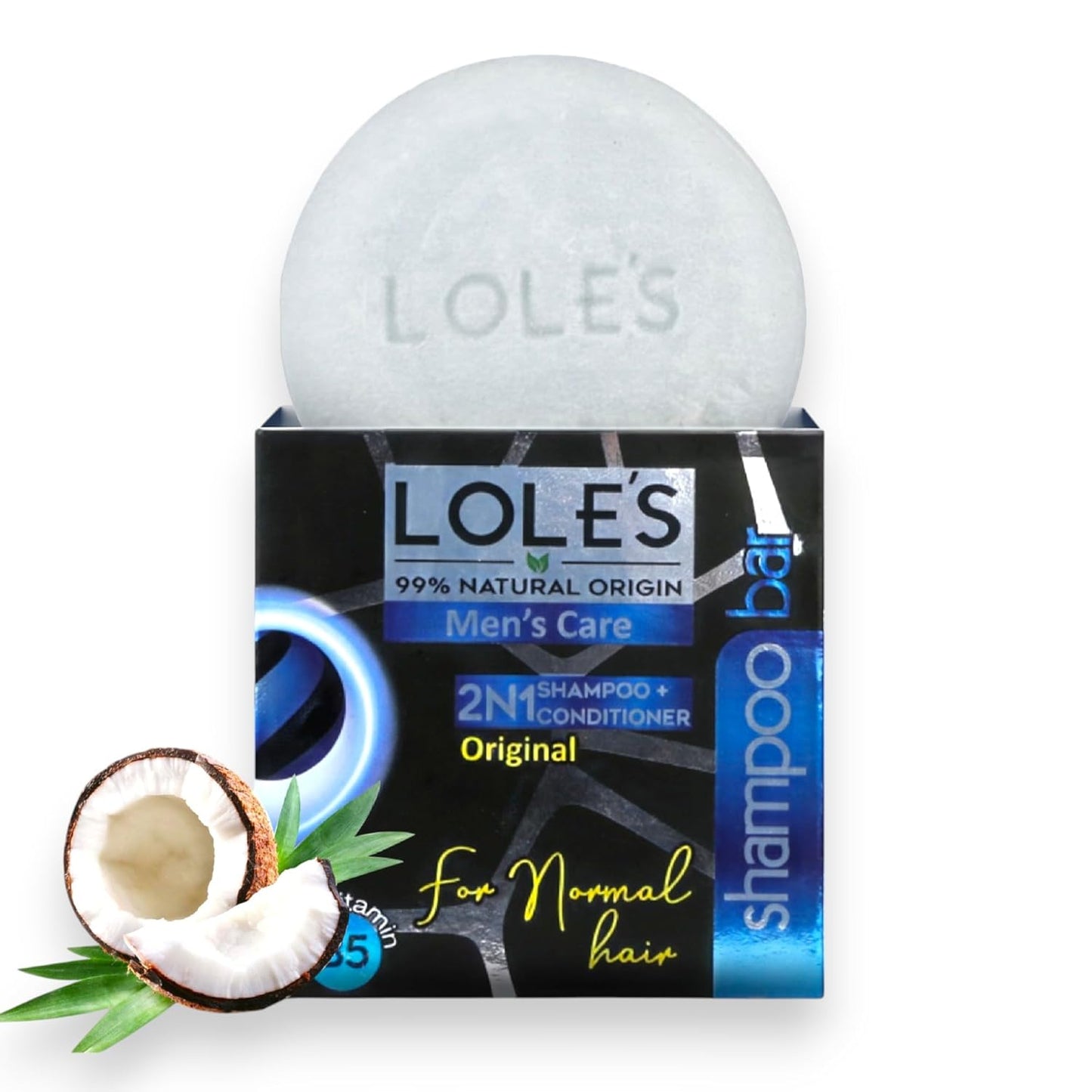 LOLE'S Shampoo Bar and Conditioner, 2in1 Men's Care for Cleaning Hair, Body and Beard, Coconut Scent, 99% Natural Origin, Sustainably Sourced, 3.5Oz