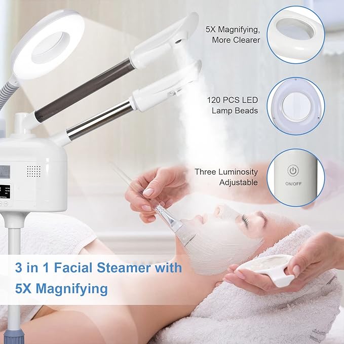 Facial Steamers Professional 3 in 1 Facial Steamer with 5X Magnifying Lamp, Upgrade PTC Heating, Hot/Cool Mist Steamer for Home Salon Spa Beauty