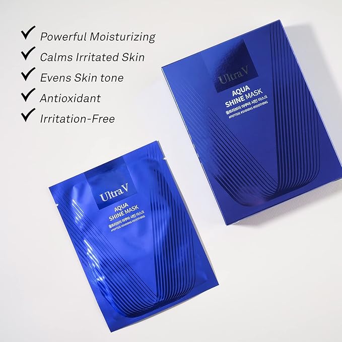 ULTRAV Idebenone Anti Aging Facial Mask Sheet – Antioxidant, Deep Moisturizing – Hypoallergenic Tencel Sheet - Aqua Shine Mask 10 Sheets