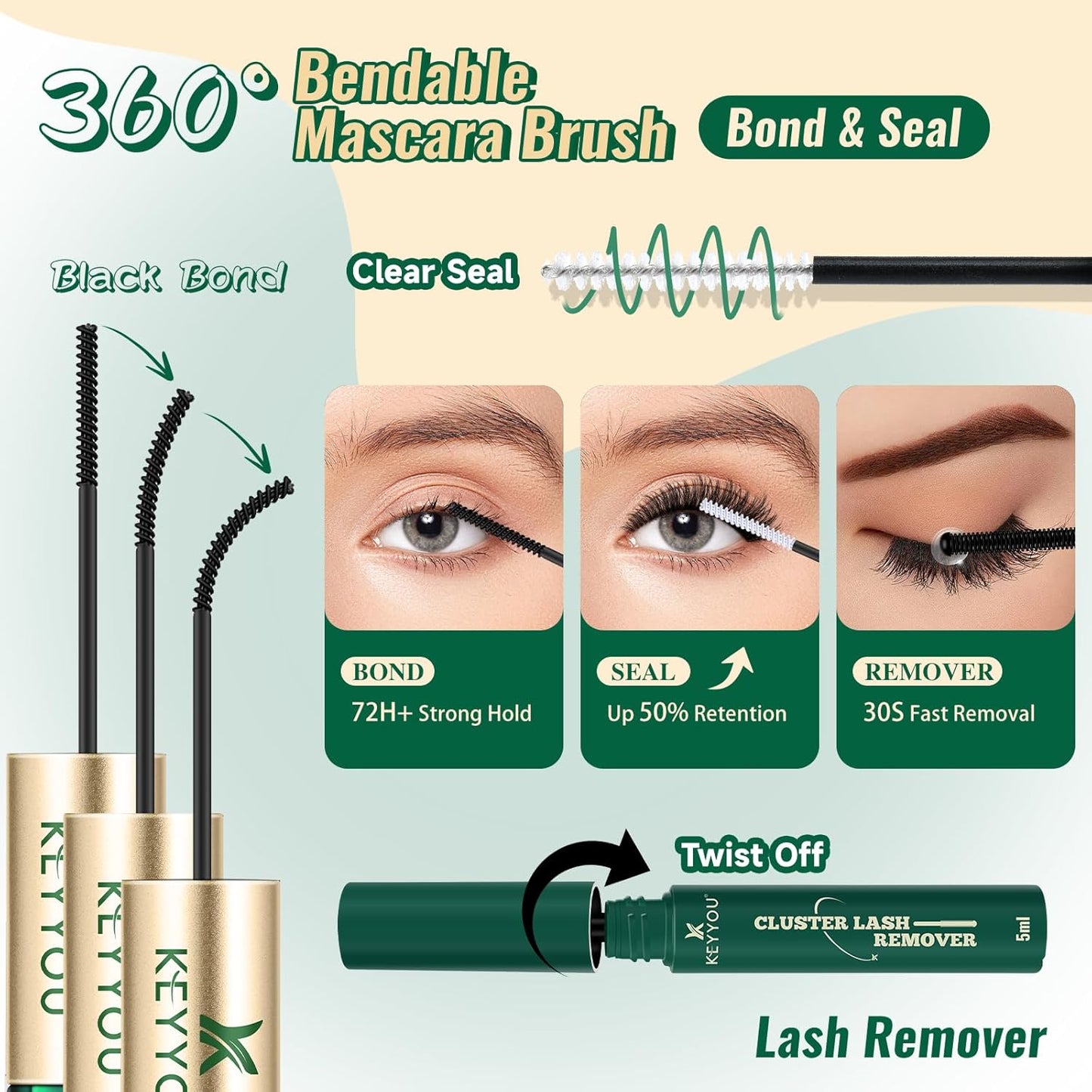 KEYYOU Lash Extension Kit 144pcs Thick Super Soft Lash Clusters with Lash Bond and Seal Lash Glue Remover Lash Applicator and Lash Brush Easy to DIY at Home（PC02-D-10-18MIX）