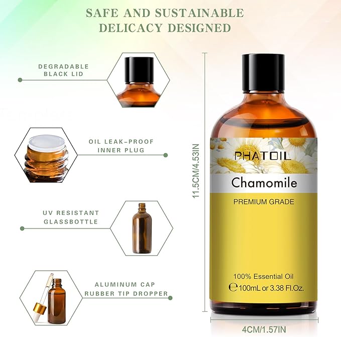 100ML Chamomile Essential Oil - 3.38FL.OZ Essential Oils for Diffusers for Home - Chamomile Oil Aromatherapy Oils with Glass Dropper
