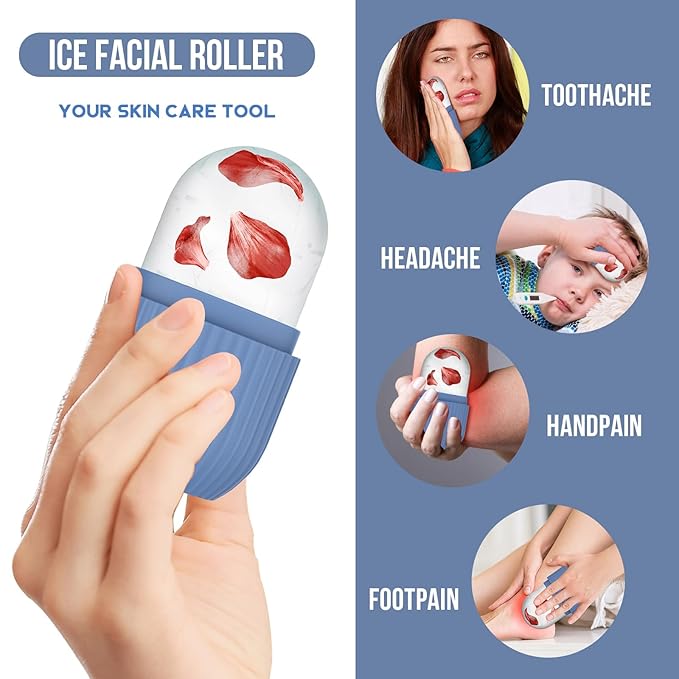 Ice Roller for Face and Eye, Silicone Ice Facial Roller Ice Holder, Face Ice Mold Skin Care, Face Icers Reusable Ice Cube Roller for Shrink Pores Anti Wrinkle Reduce Puffiness, Blue