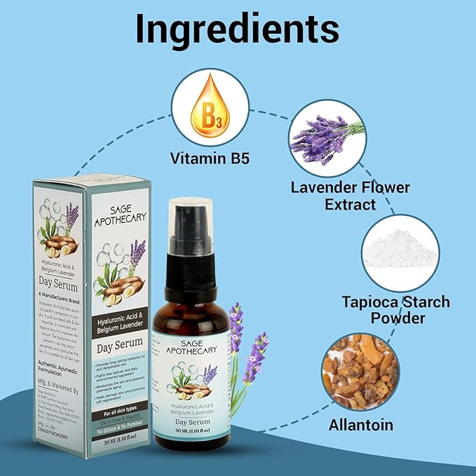 Day face Serum 100% Pure & Natural Hyaluronic Acid & Belgium Lavender Day Serum Scars Removal Glowing Skin Dead Skin Anti Aging Pigmentation Pack of 30 ML