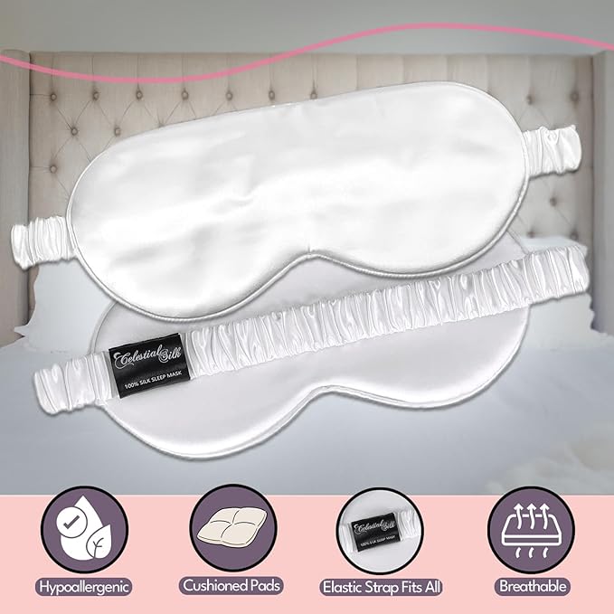 CELESTIAL SILK 100% Silk Sleep Mask for Women with Silk Covered Elastic Strap, Eye Mask for Sleeping (One Size, White)