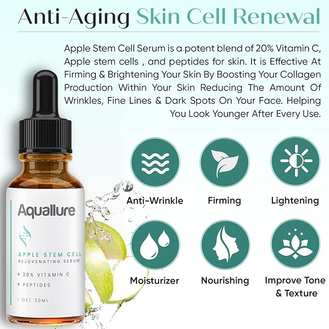 NEW! Aquallure Apple Stem Cell Rejuvenating Serum - Moisturizing Facial Treatment with Vitamin C 20%, Peptides, Hyaluronic Acid - Reduce Appearance of Fine Lines, Improve Skin Texture - 1 fl oz