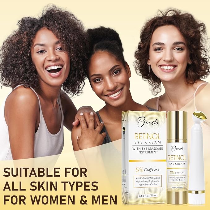 Retinol Eye Cream with Eye Massage Instrument, Infused with 5% Caffeine and Hyaluronic for Dark Circles Treatments, Under Eye Care Anti Aging Reduce Under Eye Bags Fine Lines, Gifts for women