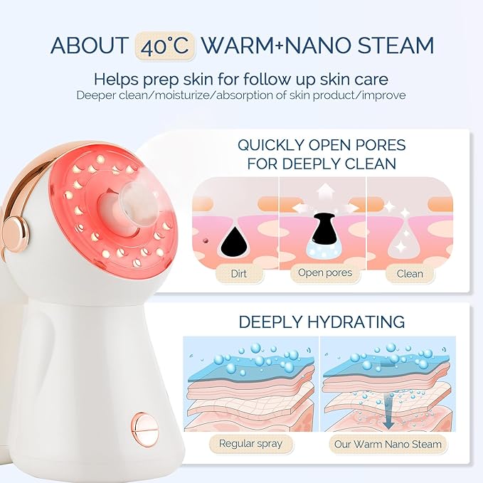 Facial Steamer,with 7 Colors Led Light,Face Steamer for Facial Deep Cleaning,Warm Mist Nano Ionic Steamer for Face Spa Kit,Face Humidifier,Facial Sauna Use at Home, Gift for Women（Rosegold with Light）
