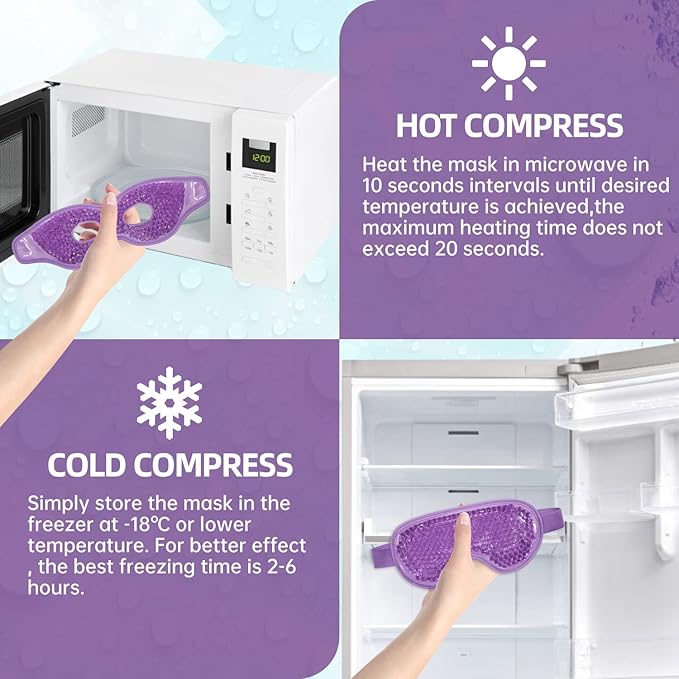 Ice Pack for Eyes - 2 Pcs Reusable Hot Cold Compress Gel Bead Cooling Mask for Puffiness, Dark Circles, Bags, Dry Eyes, Headaches, Migraines, Stress Relief (Purple)