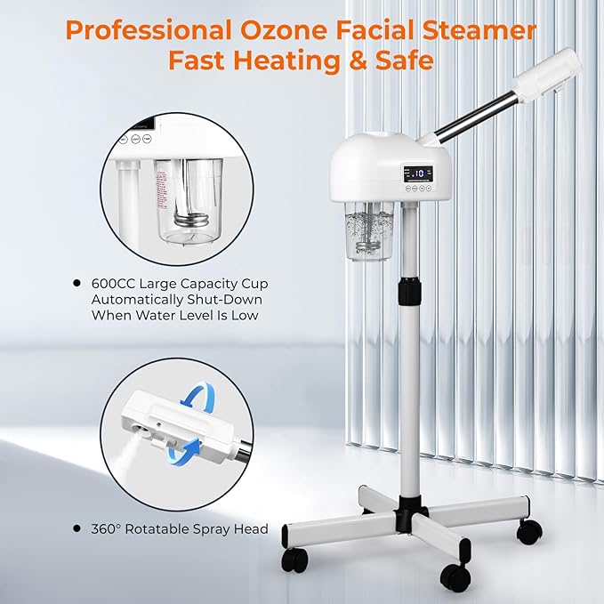 Professional Facial Steamer for Estheticians, Hot Mist & Timer Function, Vaporizador Facial Professional Steamer On Wheels for Home Use & Spa Salon Skin Cleasning