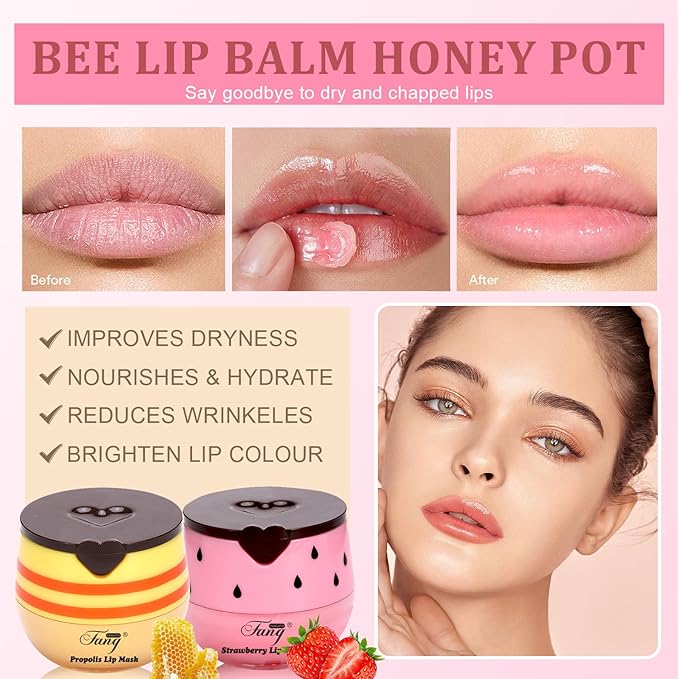 Honey Lip Balm, Bee Lip Balm Honey Pot,Moisturizing Lip Mask Overnight,Hydrate Repair Prevent Dry Cracked Lip Care (4, Honey+Strawberry+Watermelon+Apple)