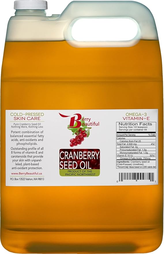 Cranberry Seed Oil - 1 gallon - Cold-pressed by Berry Beautiful from US grown Cranberries - Moisturizing for Face, Body & Hair
