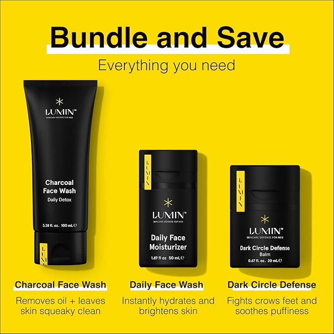 Lumin - No Baggage Trio - A skincare kit, Includes: Charcoal Face Wash Daily Detox, Daily Face Moisturizer & Dark Circle Defense Balm, Ideal for fine lines & dark circles, Suitable for all skin types