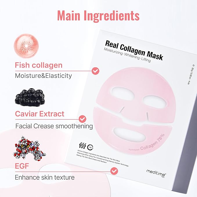 Meditime Collagen Mask | Age-Defying, Hydrating & Firming Face Mask | Korean Face Mask with Hyaluronic Acid & Niacinamide | Moisturizing Collagen Lifting Mask for All Skin Types 4 Sheets