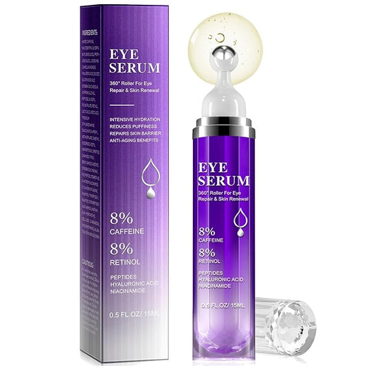 Eye Serum for Dark Circles and Puffiness, Under Eye Cream Anti Aging for Puffiness and Bags with 360° Eye Roller Massage Ball, Eye Serum with 8% Caffeine 8% Retinol for Women & Men