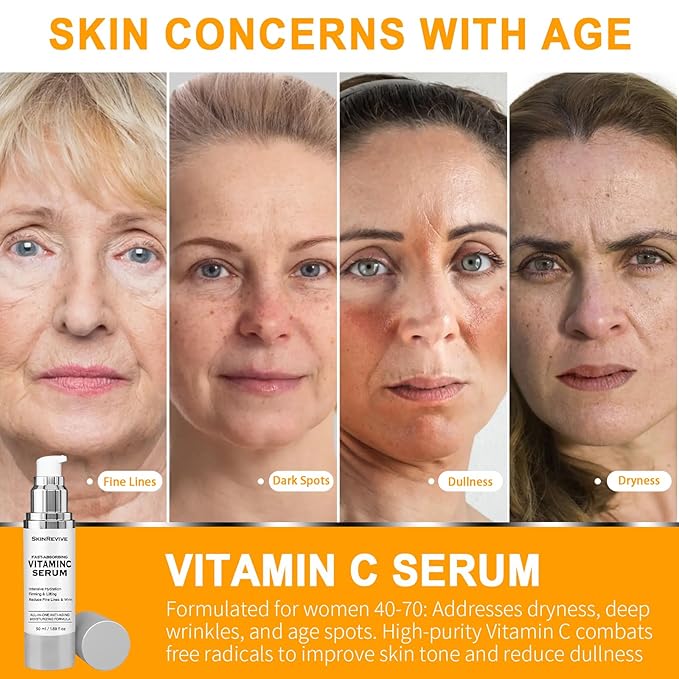 SkinRevive Vitamin C Serum for Women over 70, Vitamin C Serum for Mature Skin Face Hydrates, Firms, Lifts, Targets Age Marks, Wrinkles and Smoothes Skin Texture 1.69 fl oz