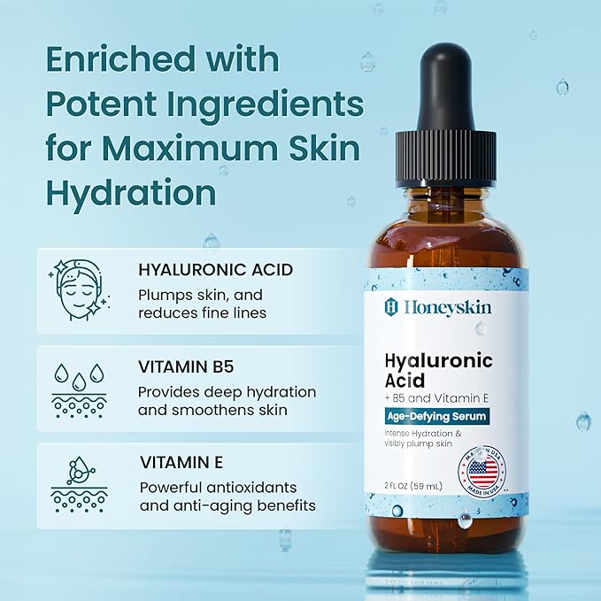 Honeyskin - Hyaluronic Acid Serum for Face with Vitamin E Oil for Skin - Anti-Aging and Hydrating Face, Hydration Moisturizer with B5 - Non-Greasy, Paraben Free, Wrinkle Reducing Serum - (2oz)