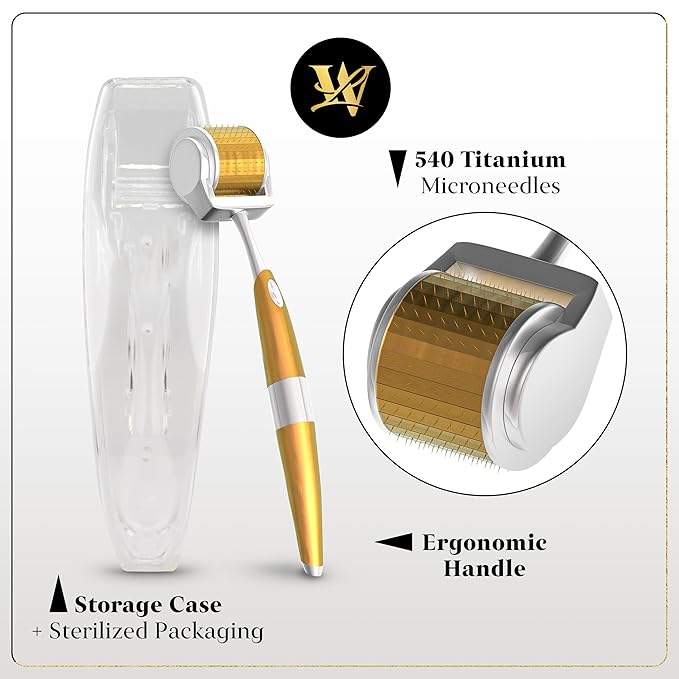 Derma Roller for Skin, Hair & Beard – Women and Men Titanium Microneedling Roller for Face & Scalp, Safe & Easy to Use - Premium Gold