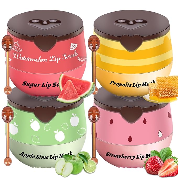 4 PCS Bee Lip Balm Honey Pot, Lip Scrub & Lip Mask Set Honey Watermelon Apple Strawberry Honey Lip Balm Sleeping Lip Mask Overnight with Sticks, Lip Exfoliating Prevention Dry and Crack