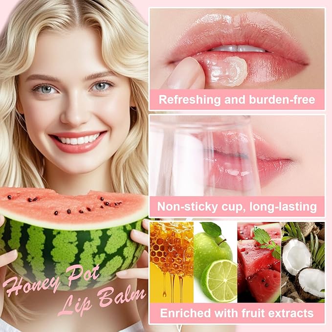 4 PCS Bee Lip Balm Honey Pot, Honey Watermelon Apple Coconut Lip Balm Sleeping Lip Mask Overnight with Sticks, Lip Exfoliating Prevention Dry and Crack (Honey & Watermelon & Apple & Coconut)